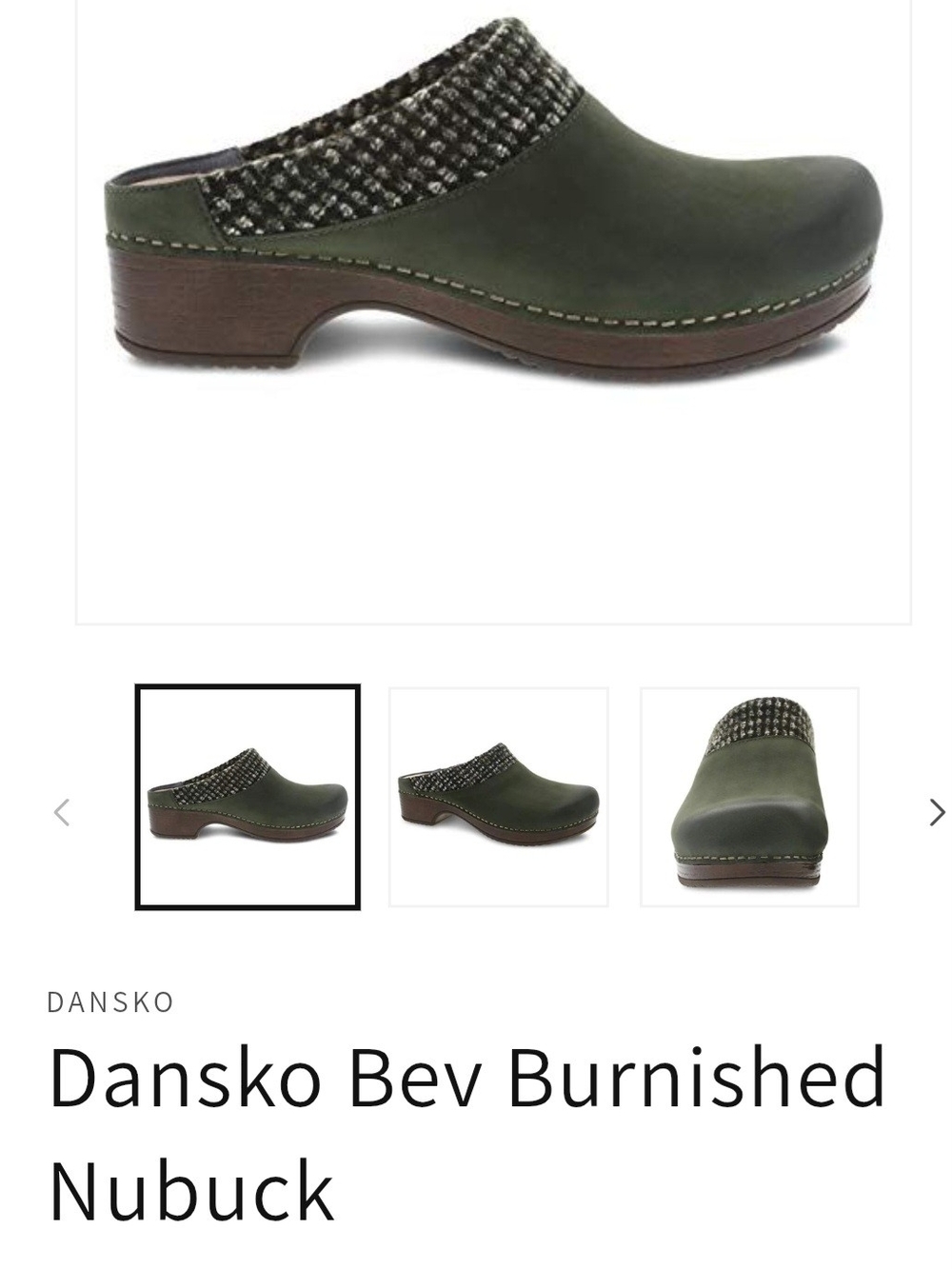 Dansko Bev Burnished Nubuck Clogs Olive Green Wool Trim Size 36 Comfort Shoes